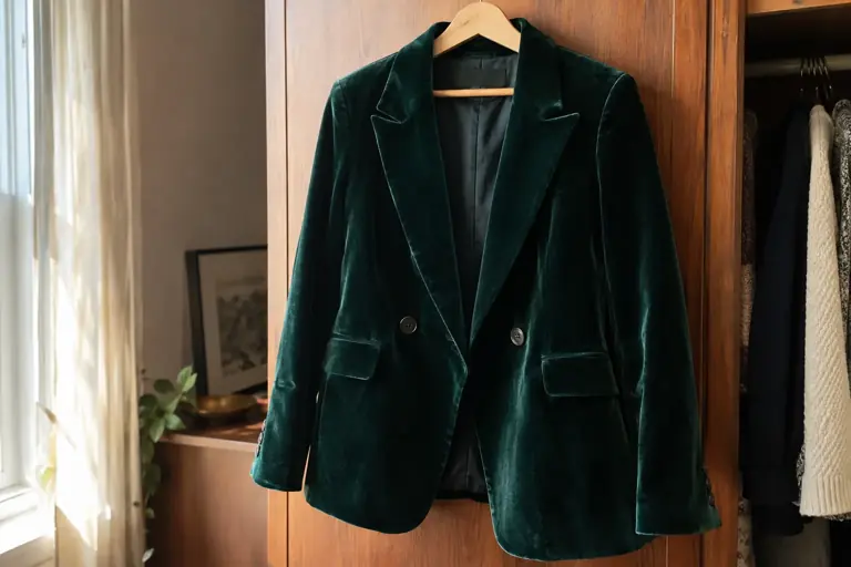 Une veste en velours vert foncé repose sur un cintre adapté