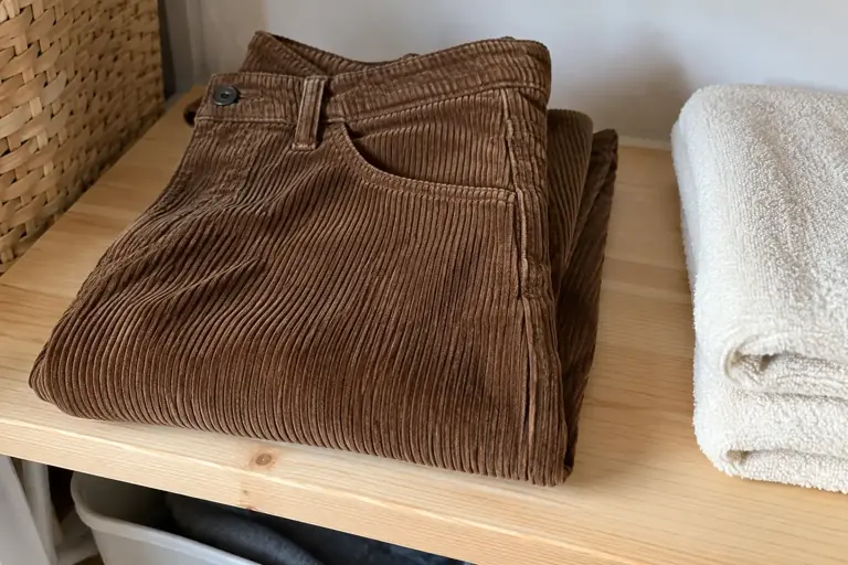 Un pantalon en velours côtelé brun est plié souplement sur une étagère claire