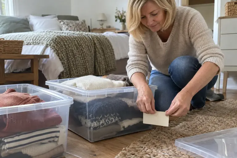 Une femme prépare une étiquette pour une boîte de vêtements de saison