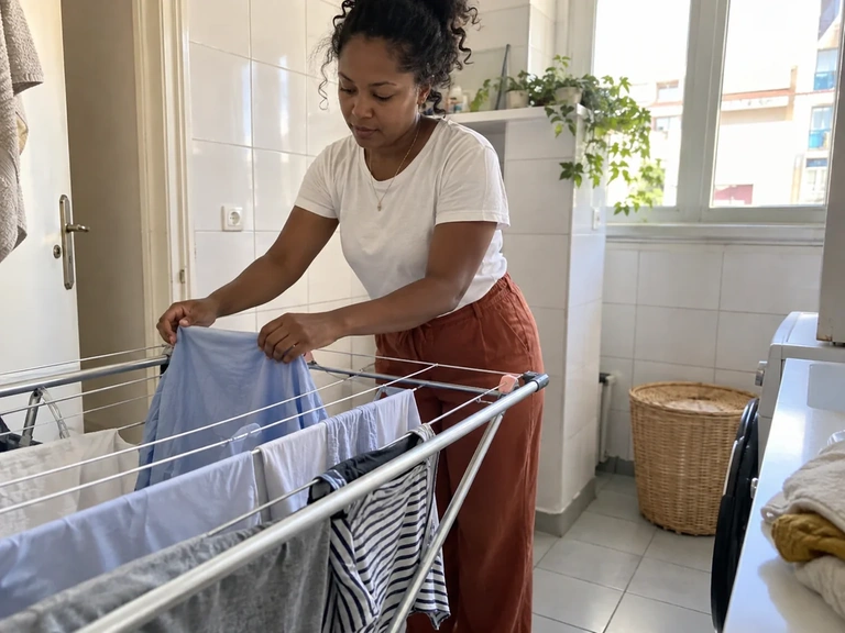 Une femme espace les vêtements sur un étendoir