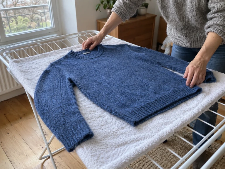 Un pull sèche à plat sur une serviette