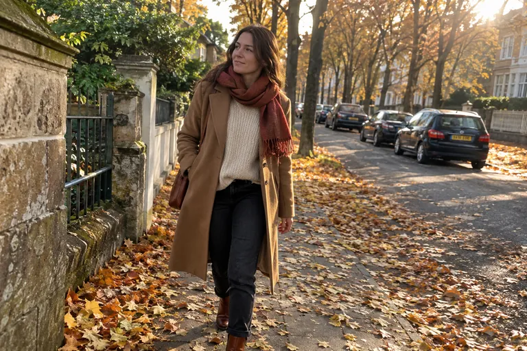 Une femme marche sur une rue couverte de feuilles en manteau camel, grosse maille crème et bottines