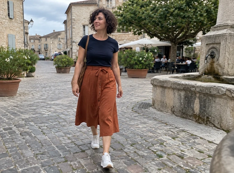Une femme porte une jupe midi avec des chaussures plates