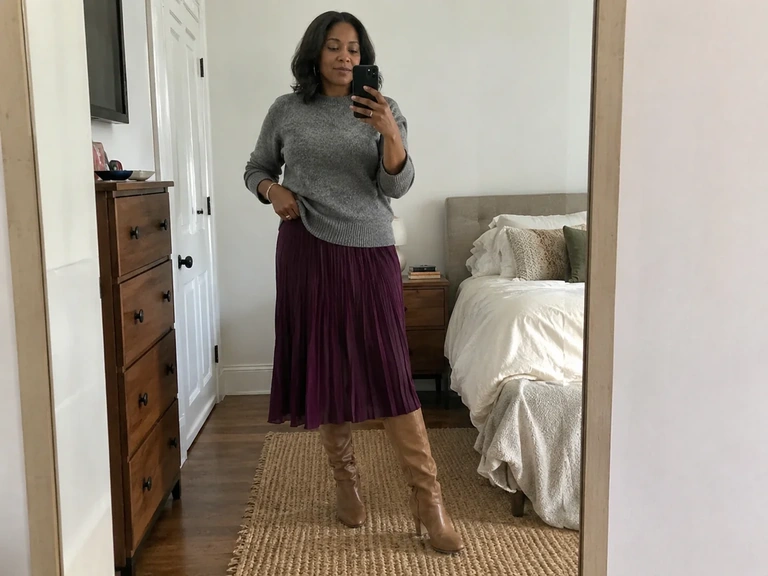 Une femme essaie une jupe midi avec des bottes