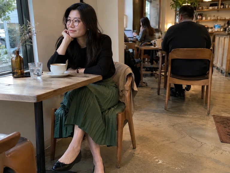 Une femme s’assoit dans une jupe midi plissée