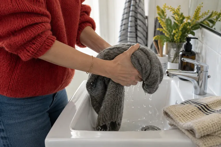 Des mains essorent délicatement un pull en laine gris au-dessus d’un lavabo