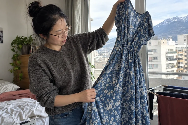 Une robe fluide en viscose est examinée près d’une fenêtre
