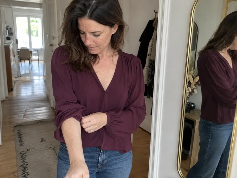 Une femme essaie une blouse fluide après séchage