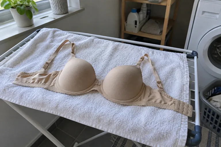 Un soutien-gorge beige posé sur une serviette blanche qui recouvre un séchoir à linge