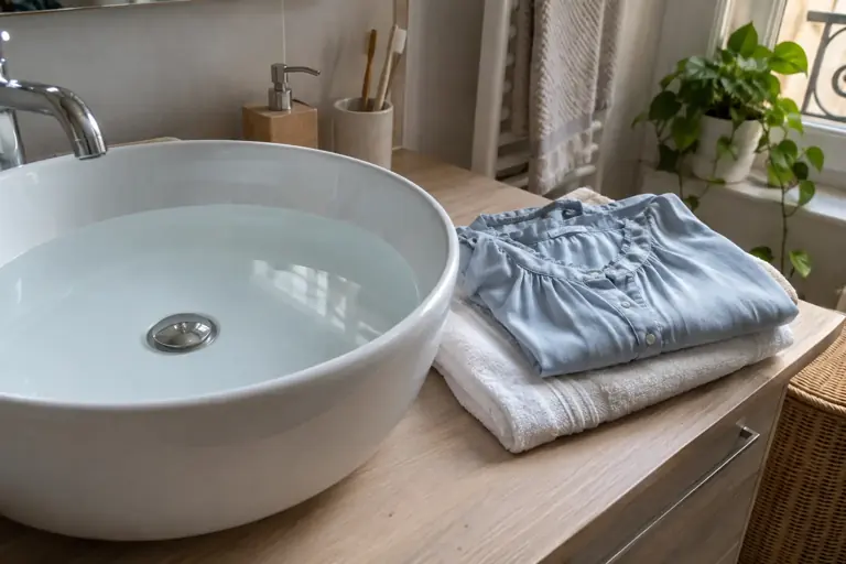 Une blouse bleue et une serviette sont préparées près d’un lavabo propre