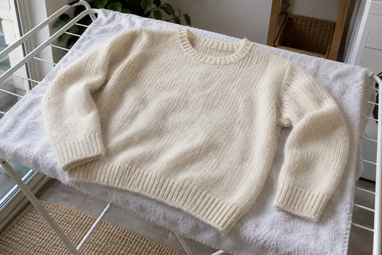 Un pull clair repose à plat sur une serviette propre, avec ses manches soutenues