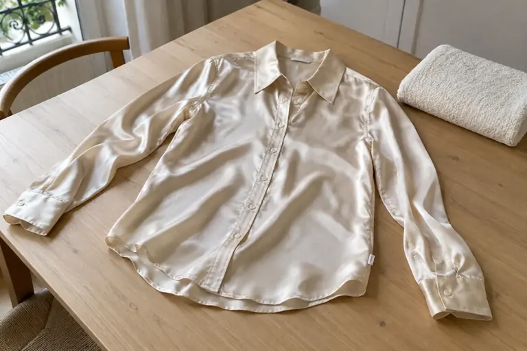 Une blouse en soie champagne repose près d’une serviette sur une table