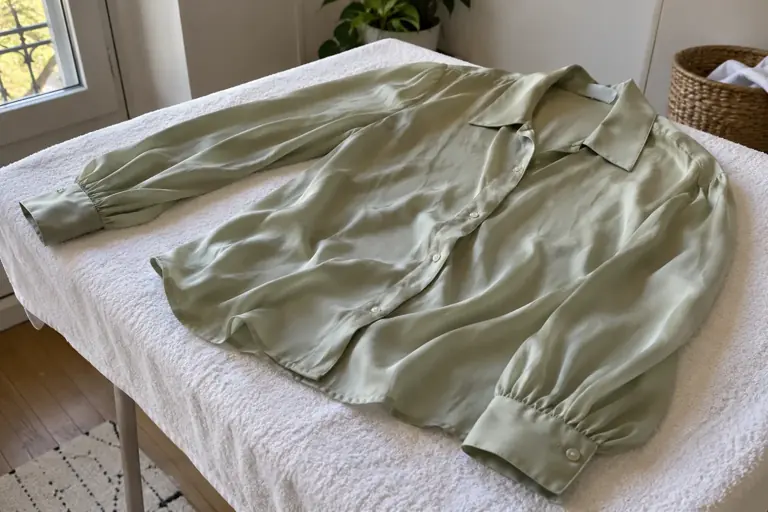 Une blouse vert pâle en soie est soutenue à plat sur une serviette propre