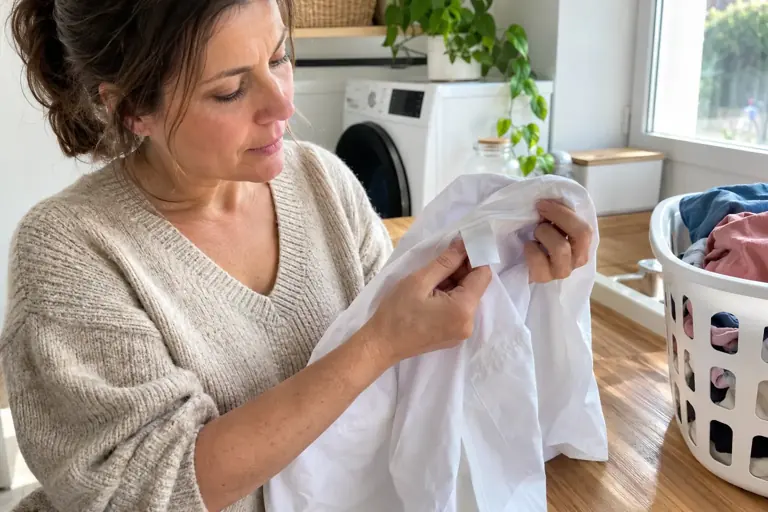 Une femme lit l’étiquette intérieure d’un vêtement neuf dans une buanderie