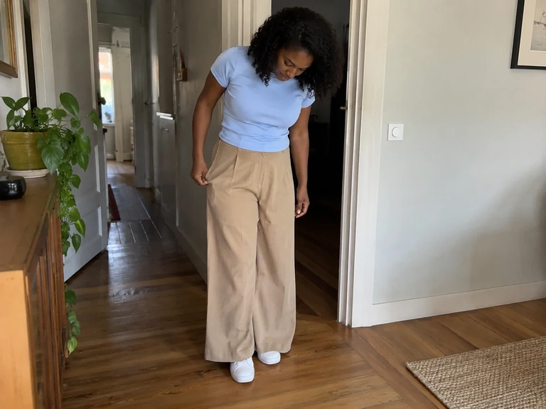 Une femme essaie un pantalon large avec ses chaussures habituelles