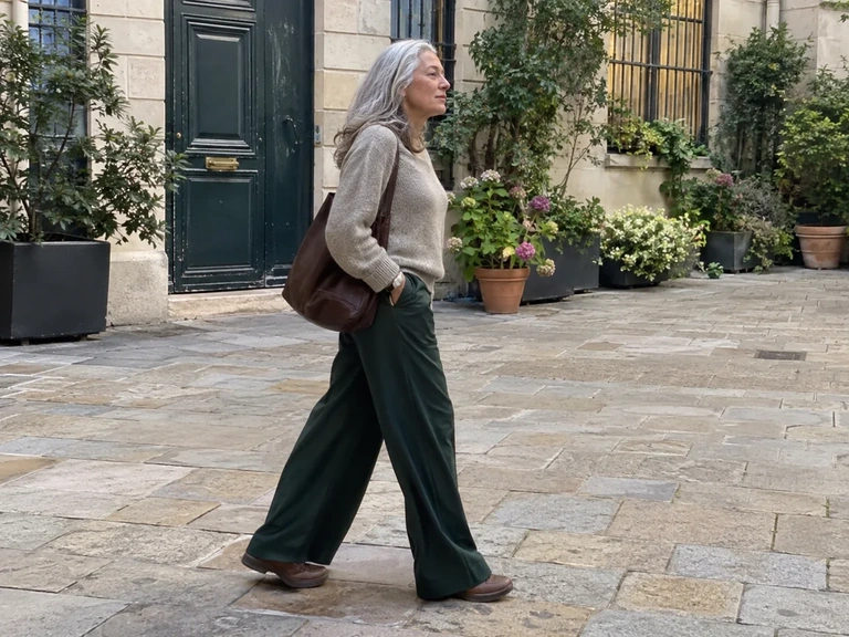 Une femme marche pour vérifier un pantalon large
