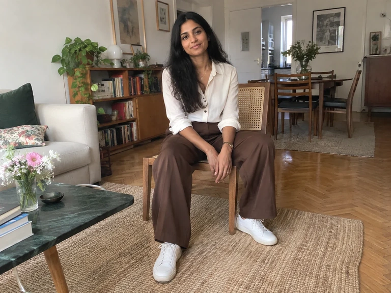 Une femme est assise dans un pantalon large et des chaussures plates