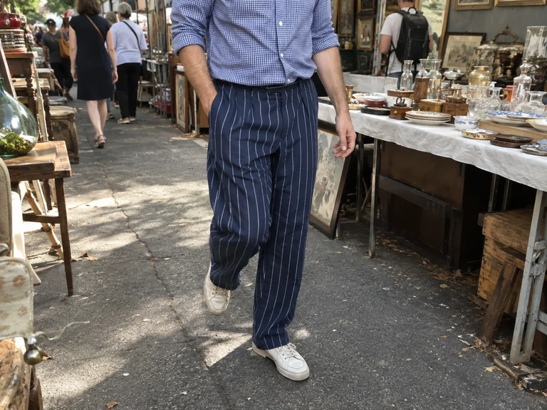 Une chemise à petits carreaux accompagne un pantalon à grandes rayures