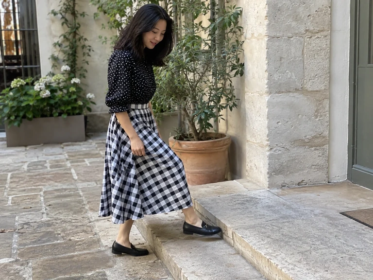 Des chaussures unies complètent une tenue à deux motifs