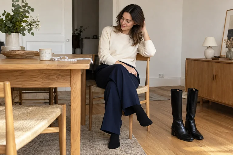 A woman preparing to try tall boots