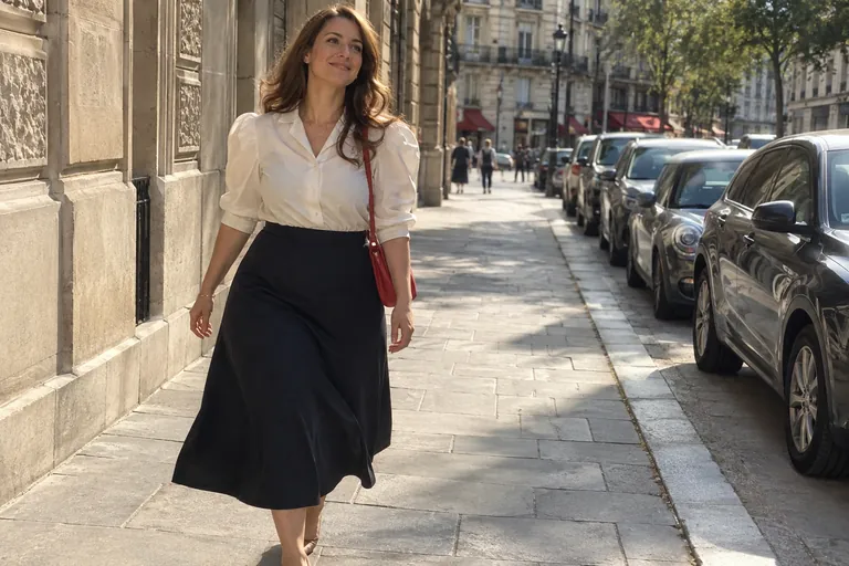 Une femme à la silhouette en A marche dans la rue en blouse claire et jupe midi évasée foncée
