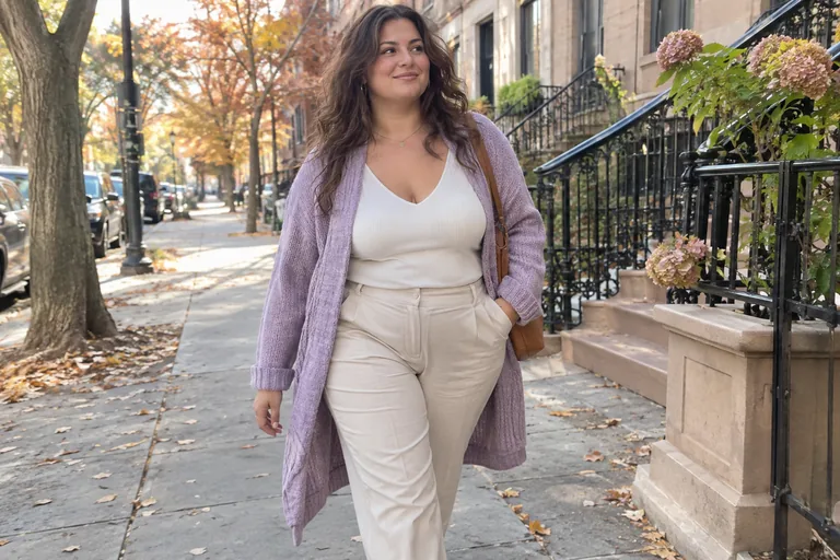 Une femme aux formes généreuses marche dans une rue en automne, en gilet long ouvert sur un haut à col en V et un pantalon droit