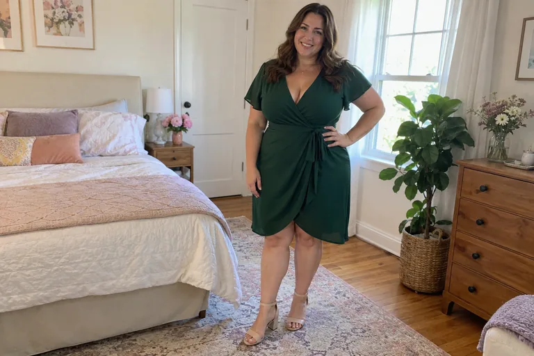 Une femme aux formes généreuses sourit devant un miroir dans une robe portefeuille vert profond