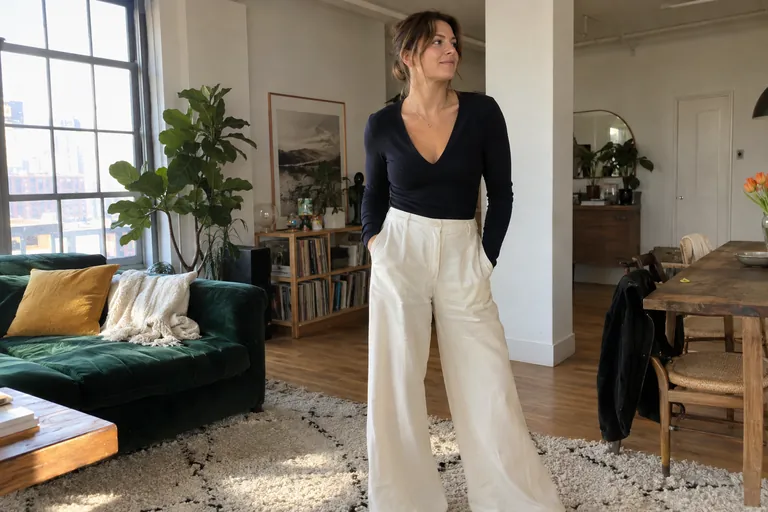 Une femme aux épaules larges porte un haut à col V foncé et un pantalon large crème