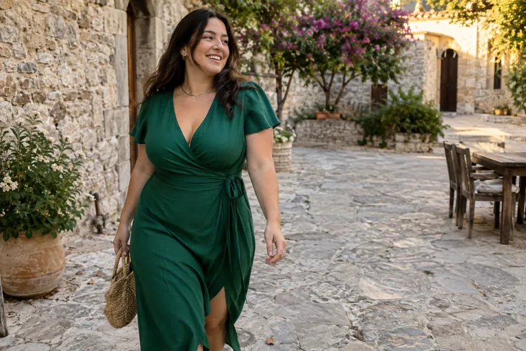 Une femme à la silhouette en sablier marche en robe portefeuille verte dans une cour ensoleillée
