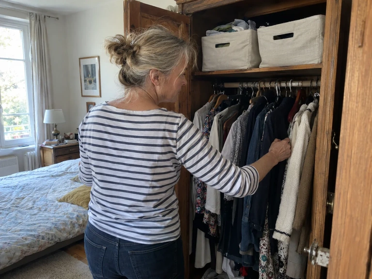 Une femme ouvre une armoire profonde organisée avec des bacs