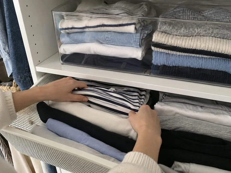 Un tiroir coulissant donne accès aux vêtements pliés sous une tablette