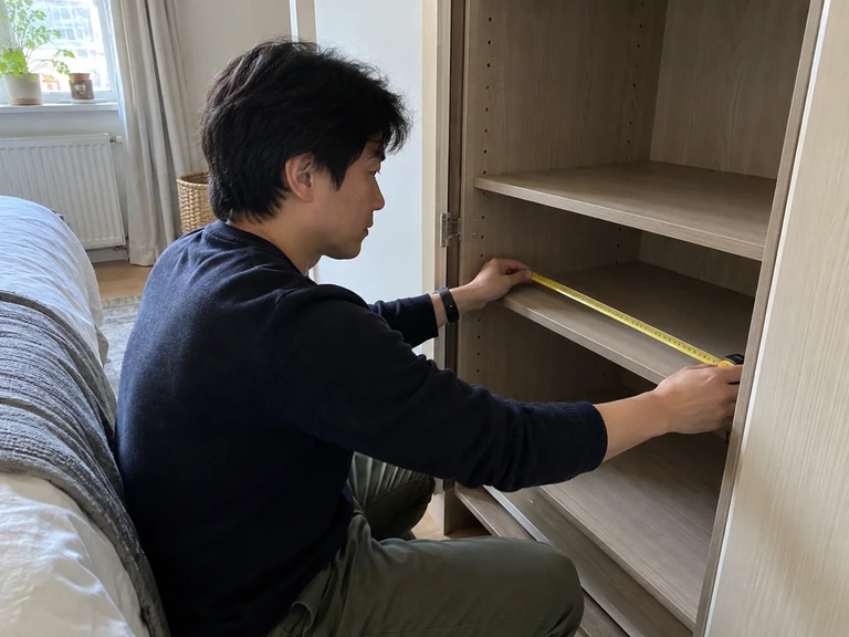 Un homme mesure les dimensions intérieures d’une armoire vide