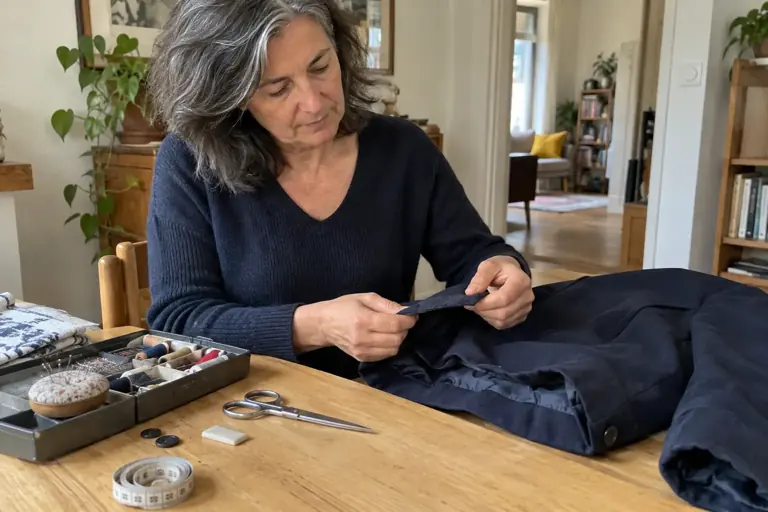 Une femme examine la couture d’une veste près d’une boîte de couture