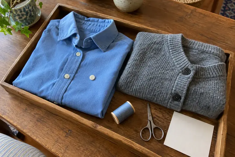Une chemise, une maille et du petit matériel sont regroupés pour préparer les réparations