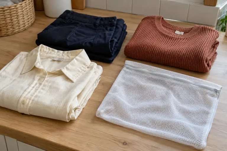 Trois vêtements aux textures différentes sont séparés sur une surface de tri avec un filet vide