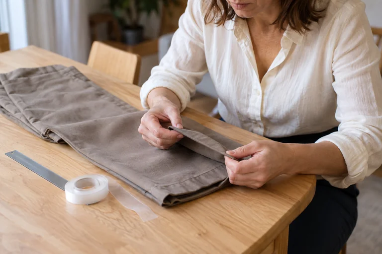 A woman examines the folded bottom of a pants leg beside a ruler and tape on a table.