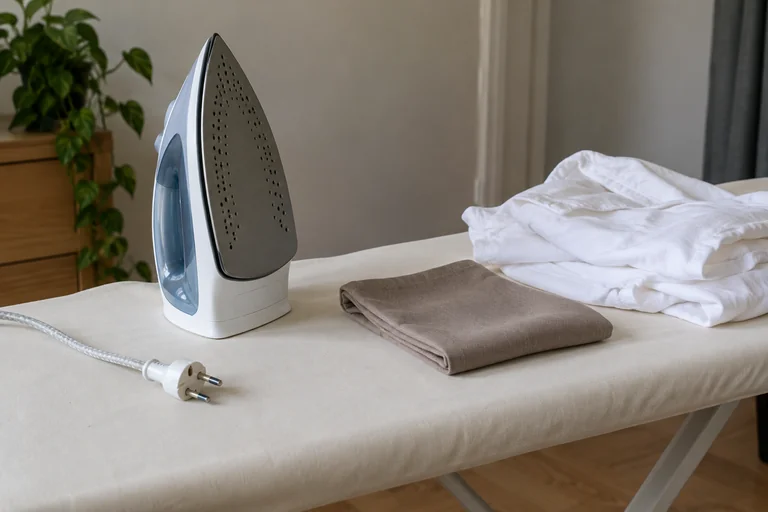 An unplugged iron standing upright beside a taupe fabric scrap and a white cloth.