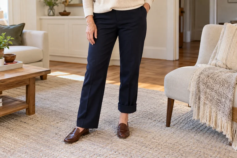 Navy pants with an outward-folded cuff and brown loafers.