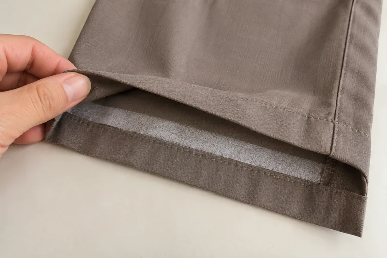 A hand lifts the fold of taupe pants, showing adhesive web between the layers.