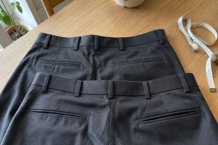 Deux pantalons sont posés à plat pour comparer leur ceinture