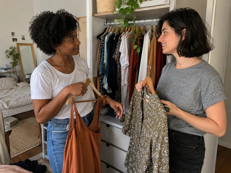 Deux adultes organisent un dressing partagé