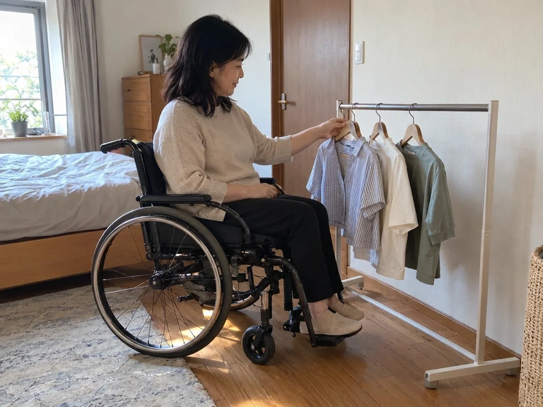 Une personne attrape un vêtement sur une tringle basse