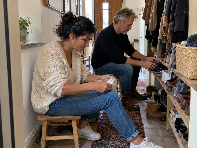 Deux adultes répartissent des chaussures sur une étagère
