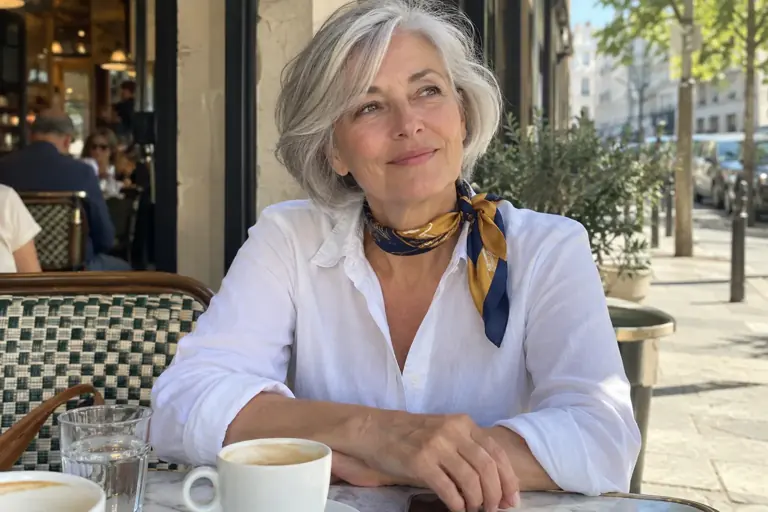 Une femme porte un foulard léger avec une tenue simple