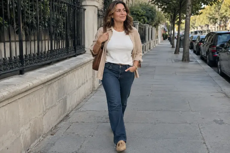 Une femme en jean bleu, t-shirt clair et surchemise marche dans une rue