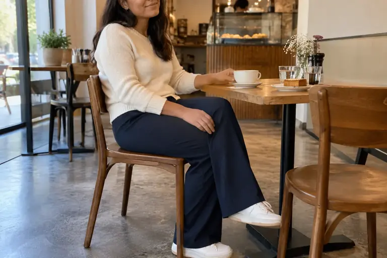 Une femme est assise dans un pantalon marine et un haut ivoire long