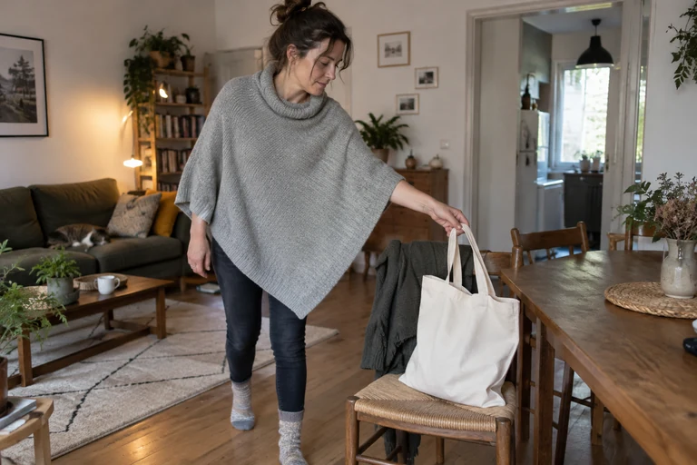 Woman in a grey poncho reaching for a bag on a chair.