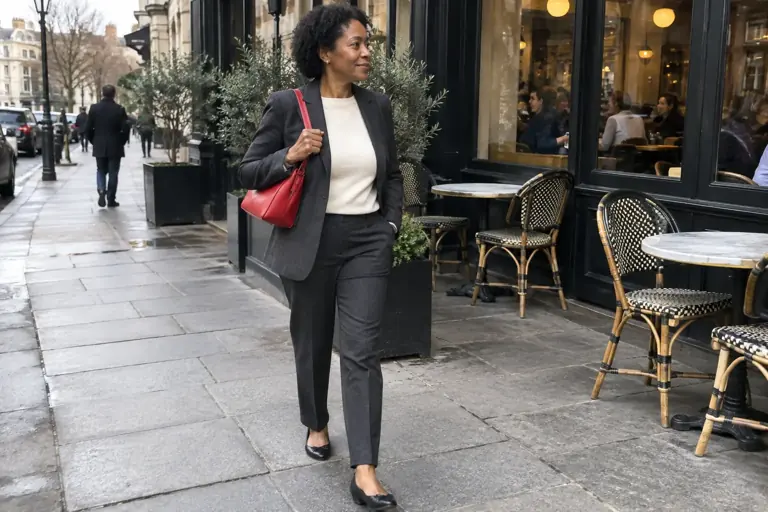 Une femme ajoute une petite touche rouge à une tenue neutre