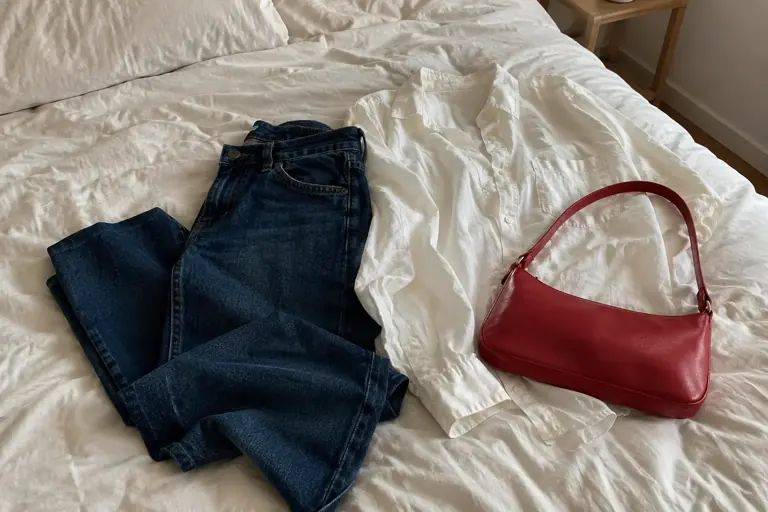Un petit sac rouge accompagne une chemise ivoire et un jean bleu
