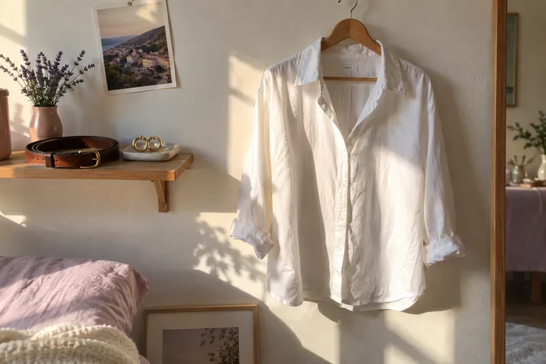 Une chemise blanche en coton suspendue à un cintre en bois contre un mur ensoleillé, à côté d’une ceinture en cuir et de créoles dorées